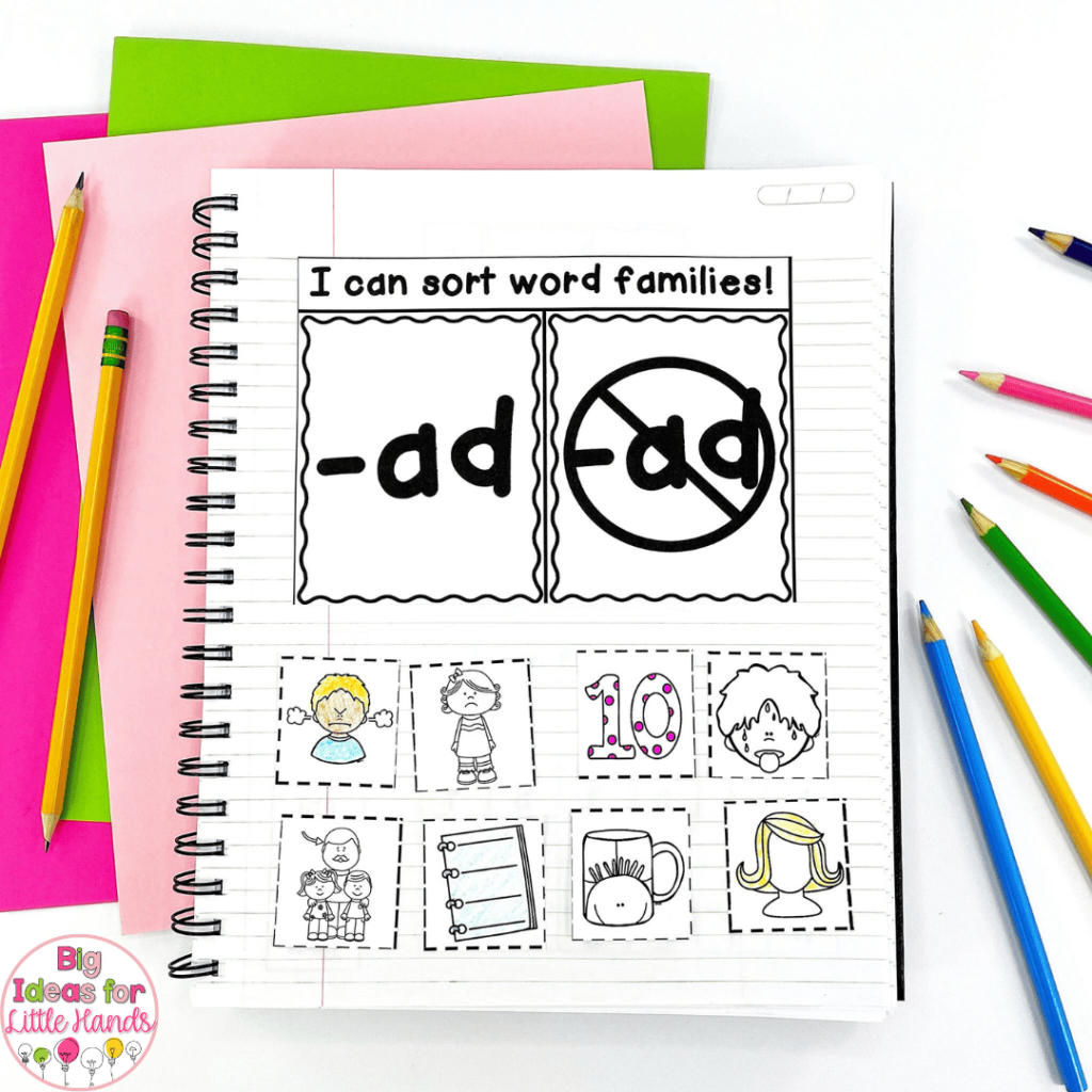 This photo shows an interactive notebook page that focuses on sorting cvc words based on the word family they are a part of.