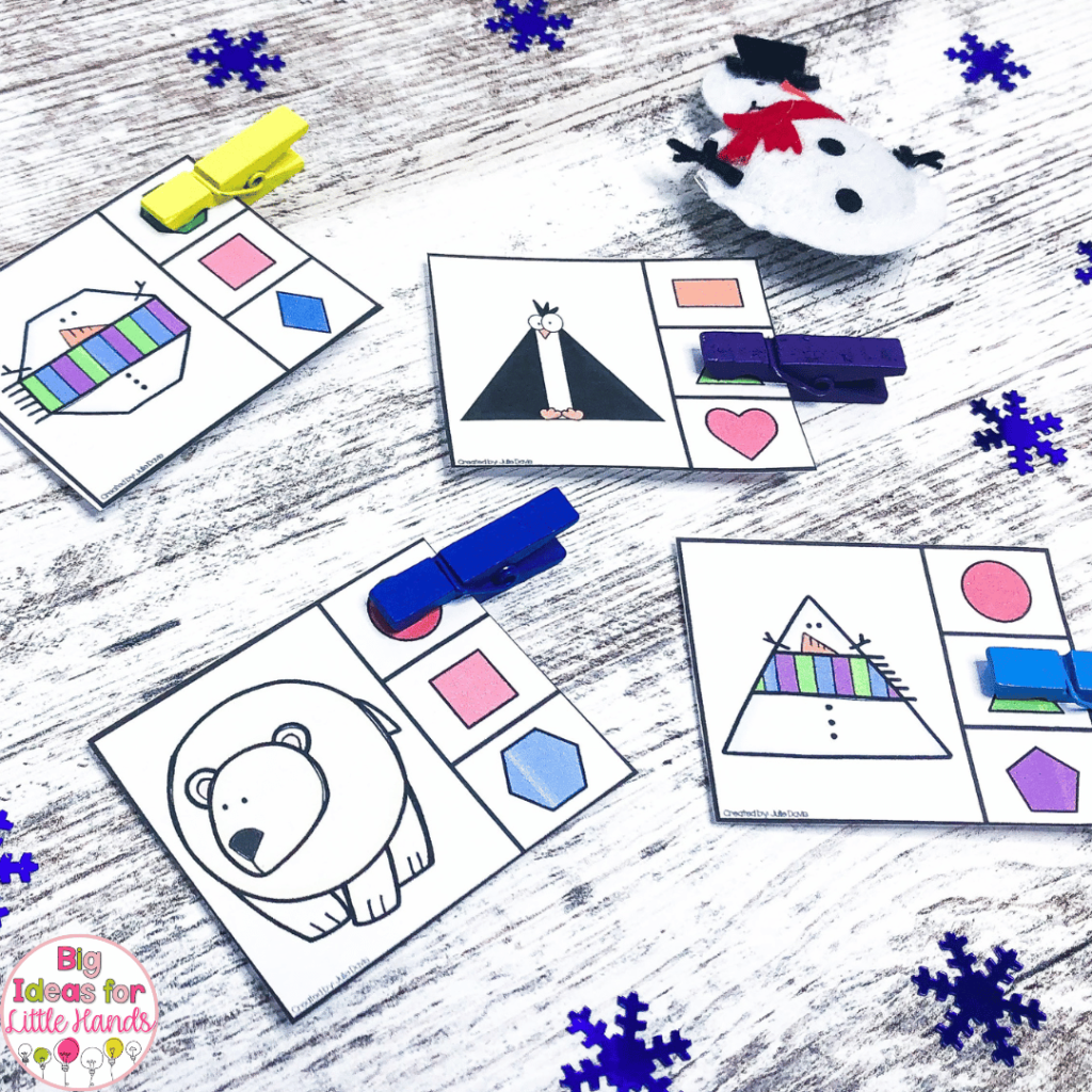 This image shows the Winter 2D Shapes Clip Cards that make a great math center in the kindergarten or first grade classroom.