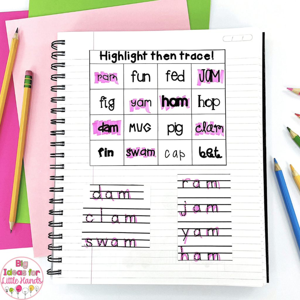 This photo highlights an interactive notebook page focusing on phonics skills.