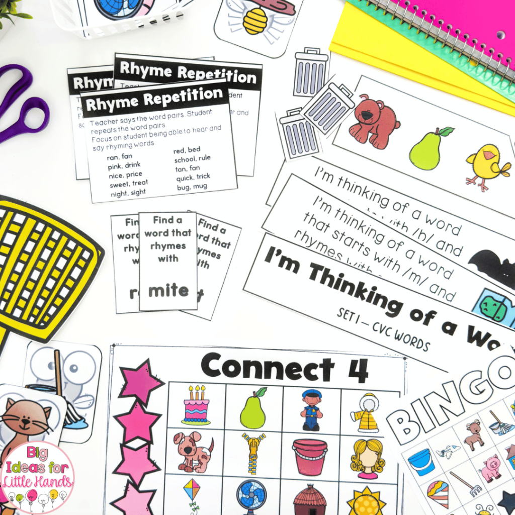 This photo highlights different rhyming games you can use in centers and small groups.