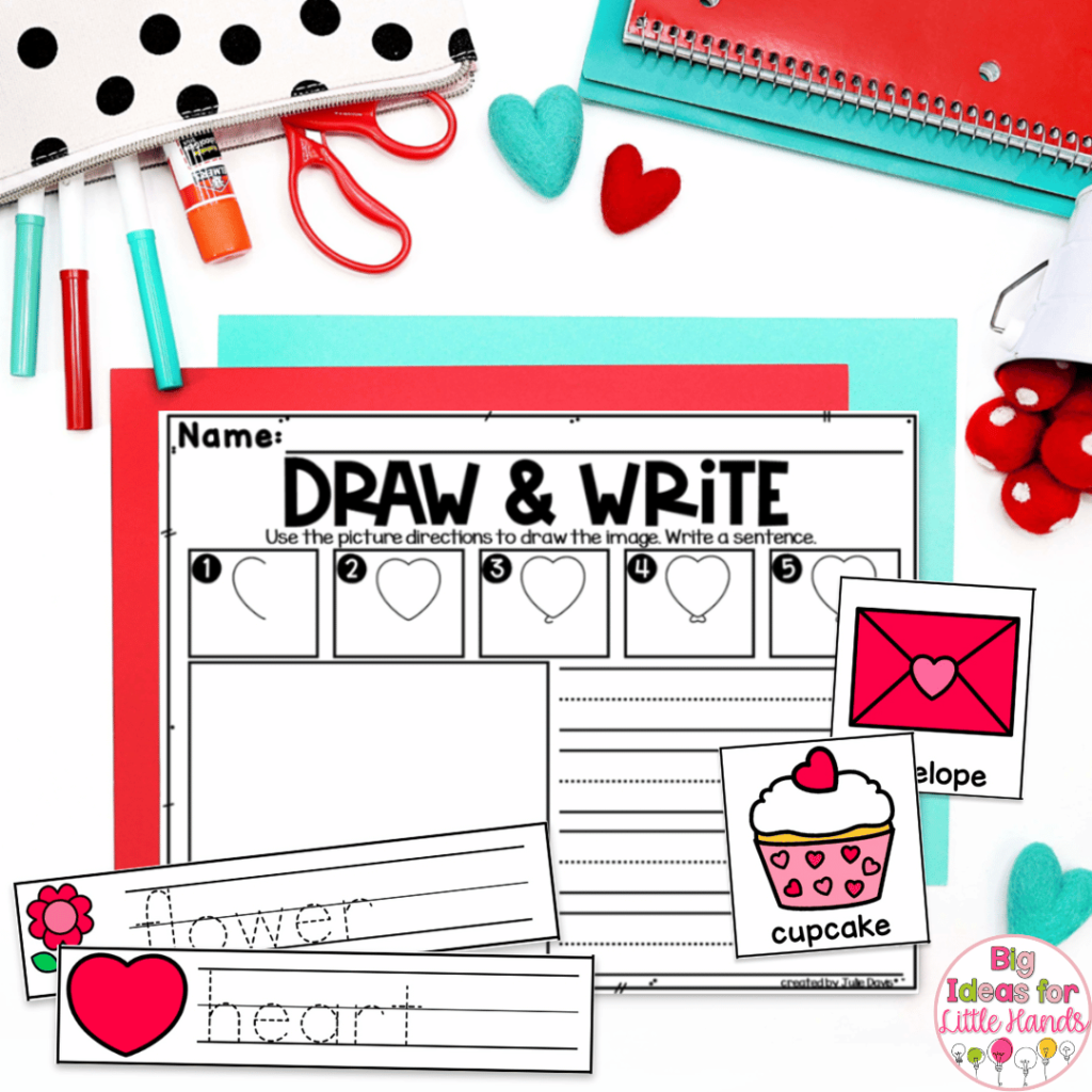 This image highlights Valentine's Day themed writing activities that are perfect for the primary classroom.