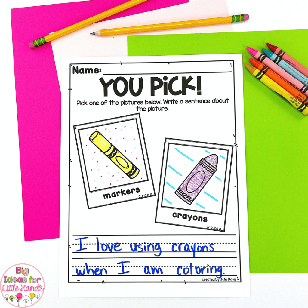 This photo highlights, "You Pick!" an engaging activity for early writers.