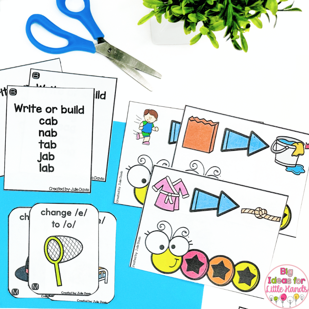 In small groups, students can use activities like these to see how changing one sound in a word can make it into a new word.