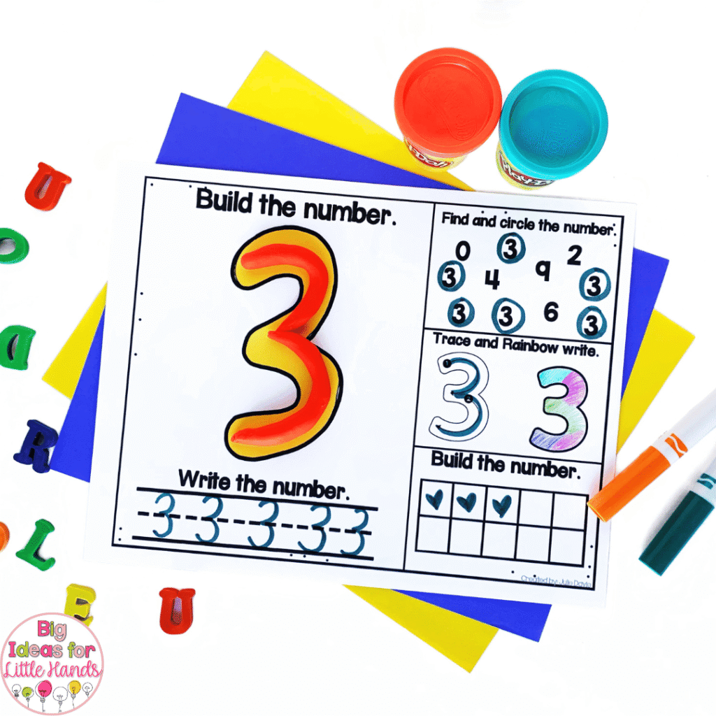 Play dough mats are a fun way to practice number recognition and counting skills.