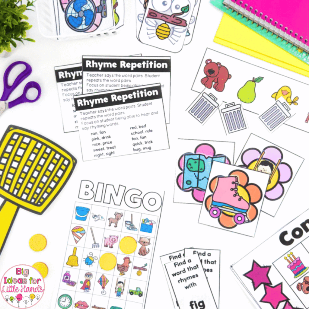 This image highlights phonemic awareness games like bingo that can be used to practice rhyming.