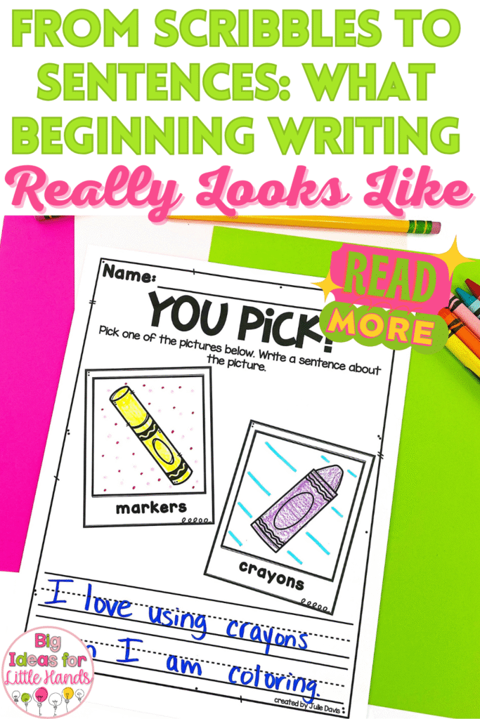 From scribbles to sentences, what does beginning writing really look like in the kindergarten classroom? This post takes you through each writing stage that students will move through, and includes activity ideas for each stage!
