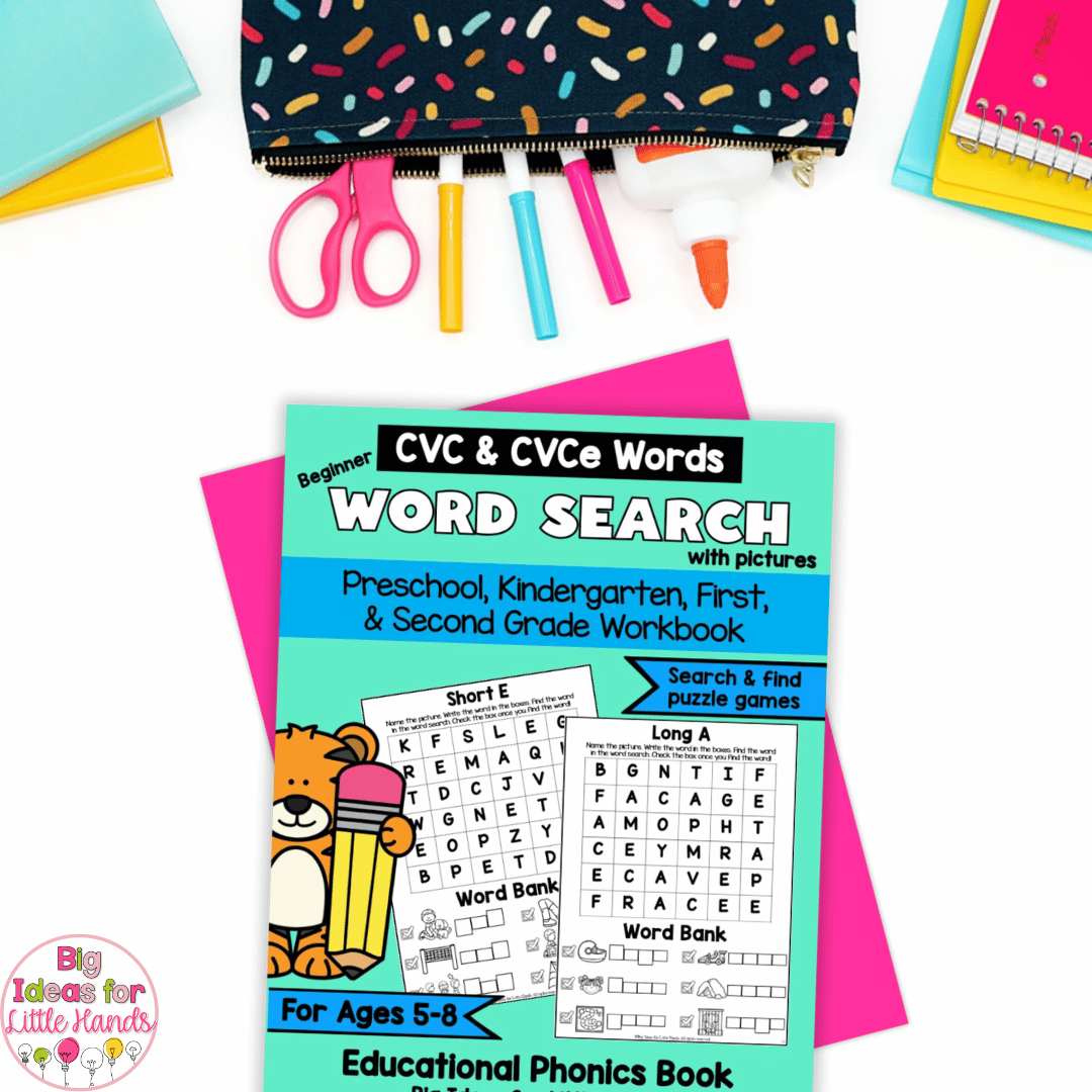 This image highlights a phonic word search workbook that is perfect for pre-k through 2nd grade.