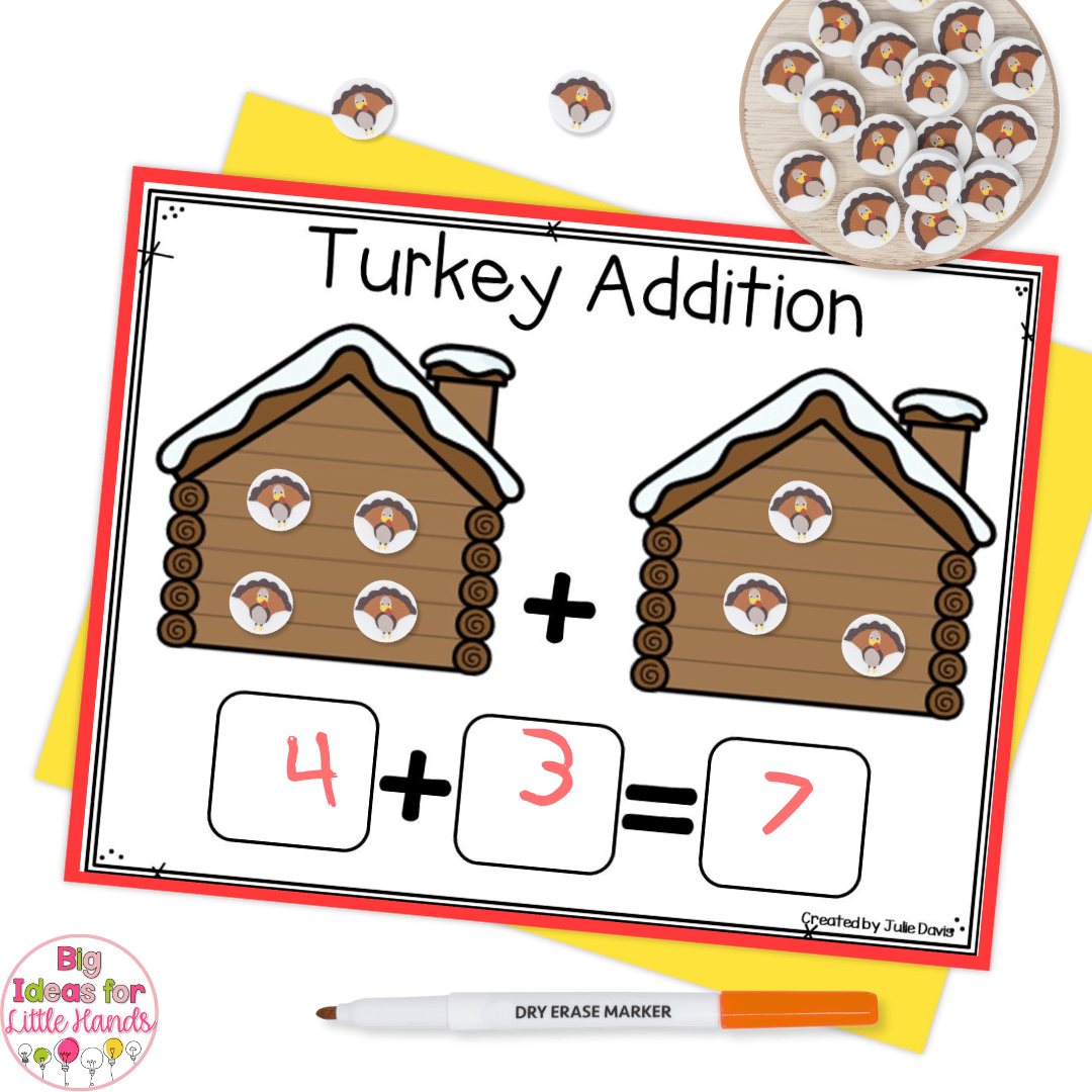 This turkey addition activity only requires simple supplies like mini erasers and a dry erase marker.