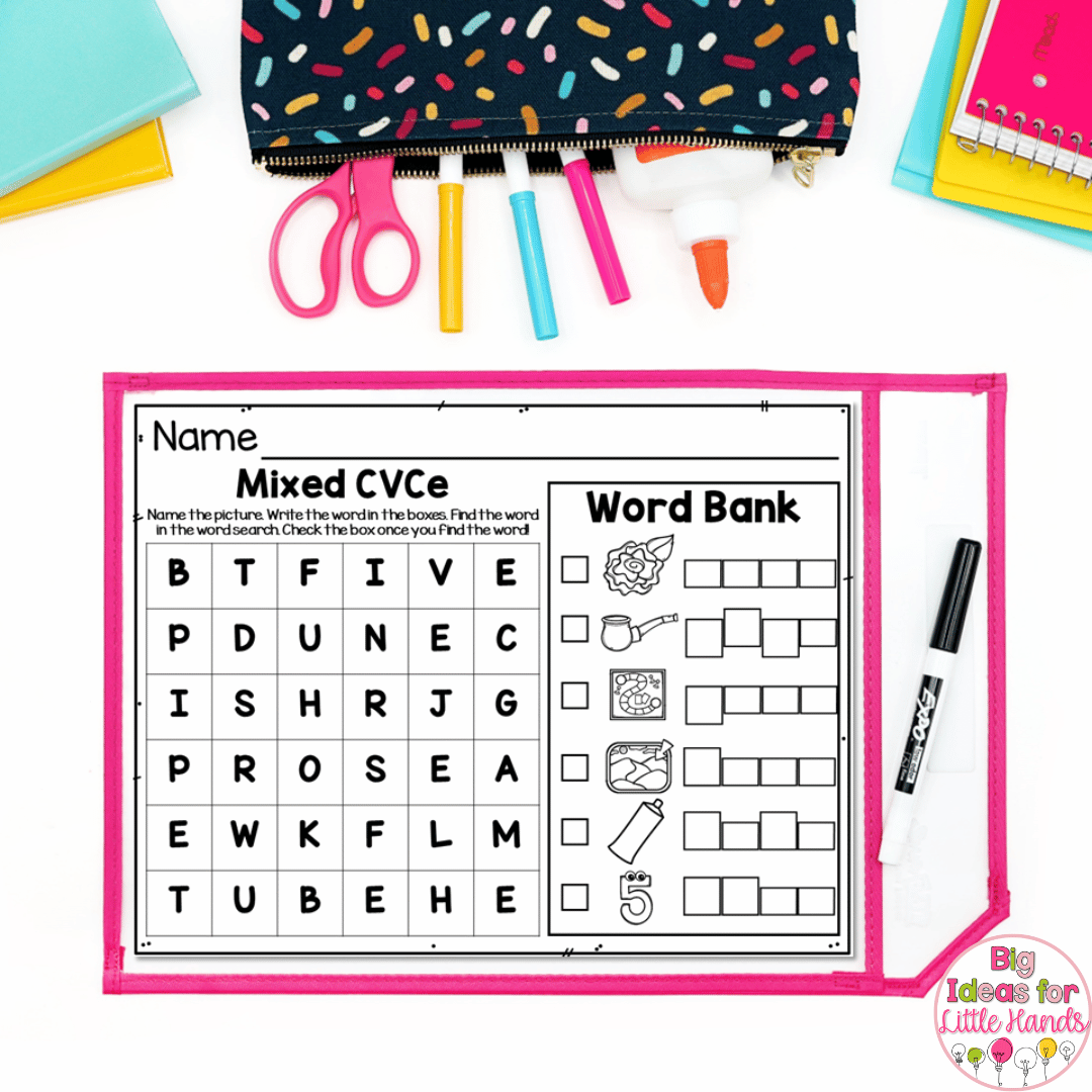 Phonics word searches like the one shown can be used to practice CVCe words.