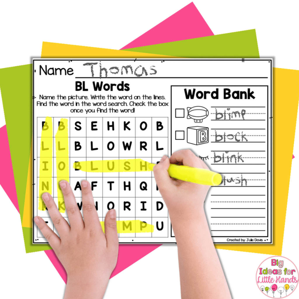 This image highlights beginning blends phonics word searches.