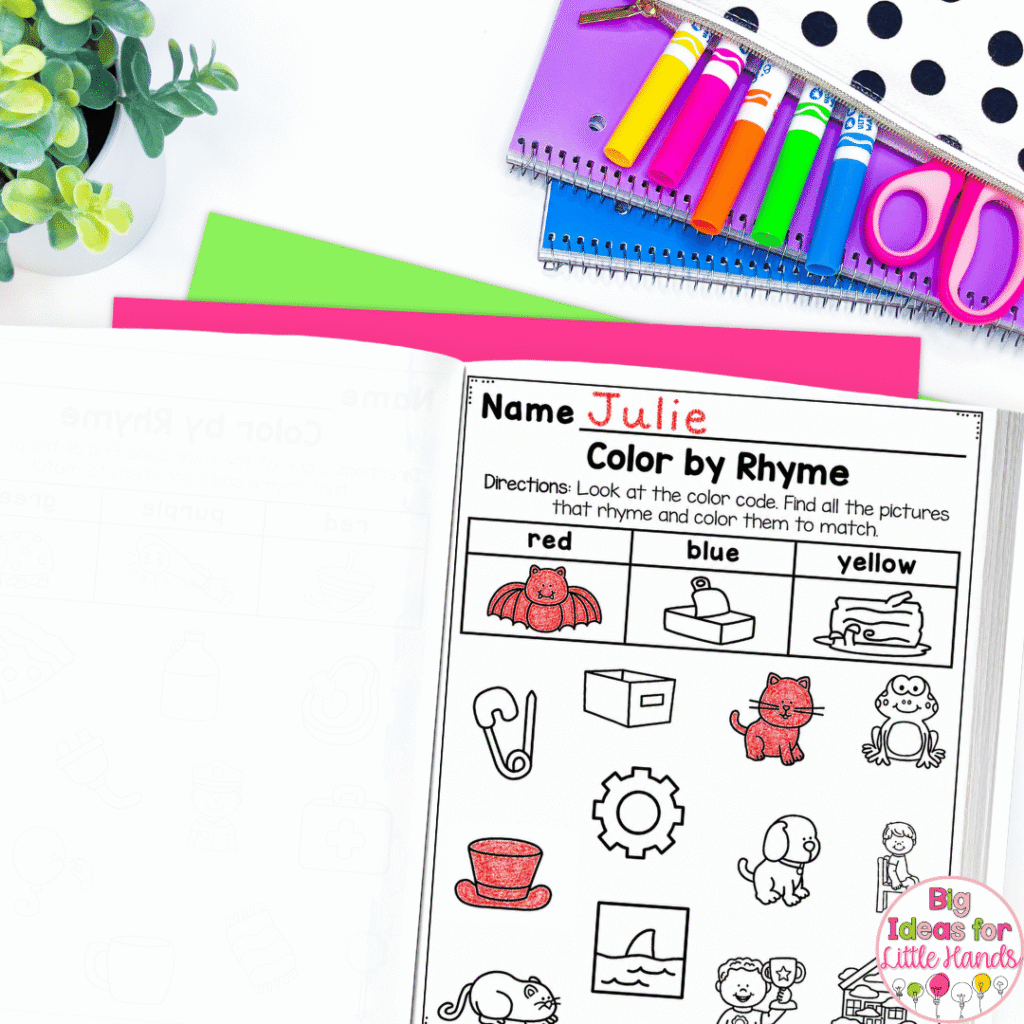 Rhyming can feel tricky, but color by rhyme pages like the one in this images this help simplify it for students.