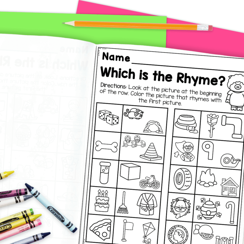 This "Which is the rhyme?" page is included in the Color and Match Rhyming Workbook.