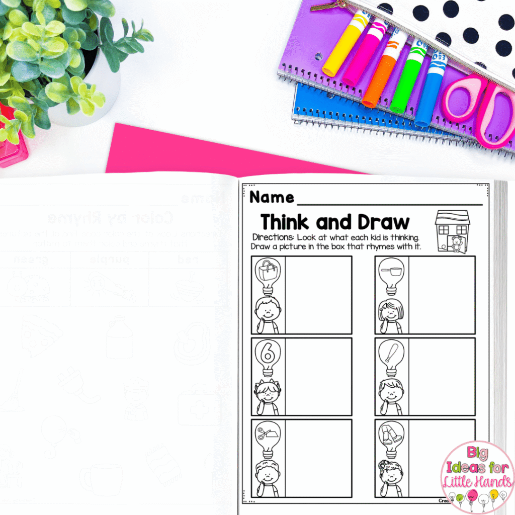 Students can draw their own rhyming words using this page from the Color and Draw Rhyming Workbook.