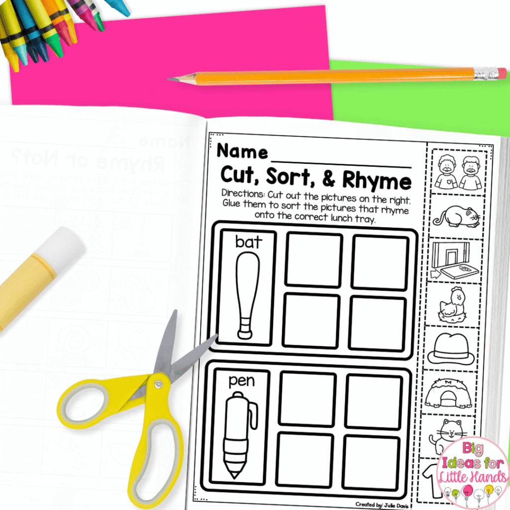 With the Cut and Paste rhyming workbook, students can match rhyming words by cutting and pasting.