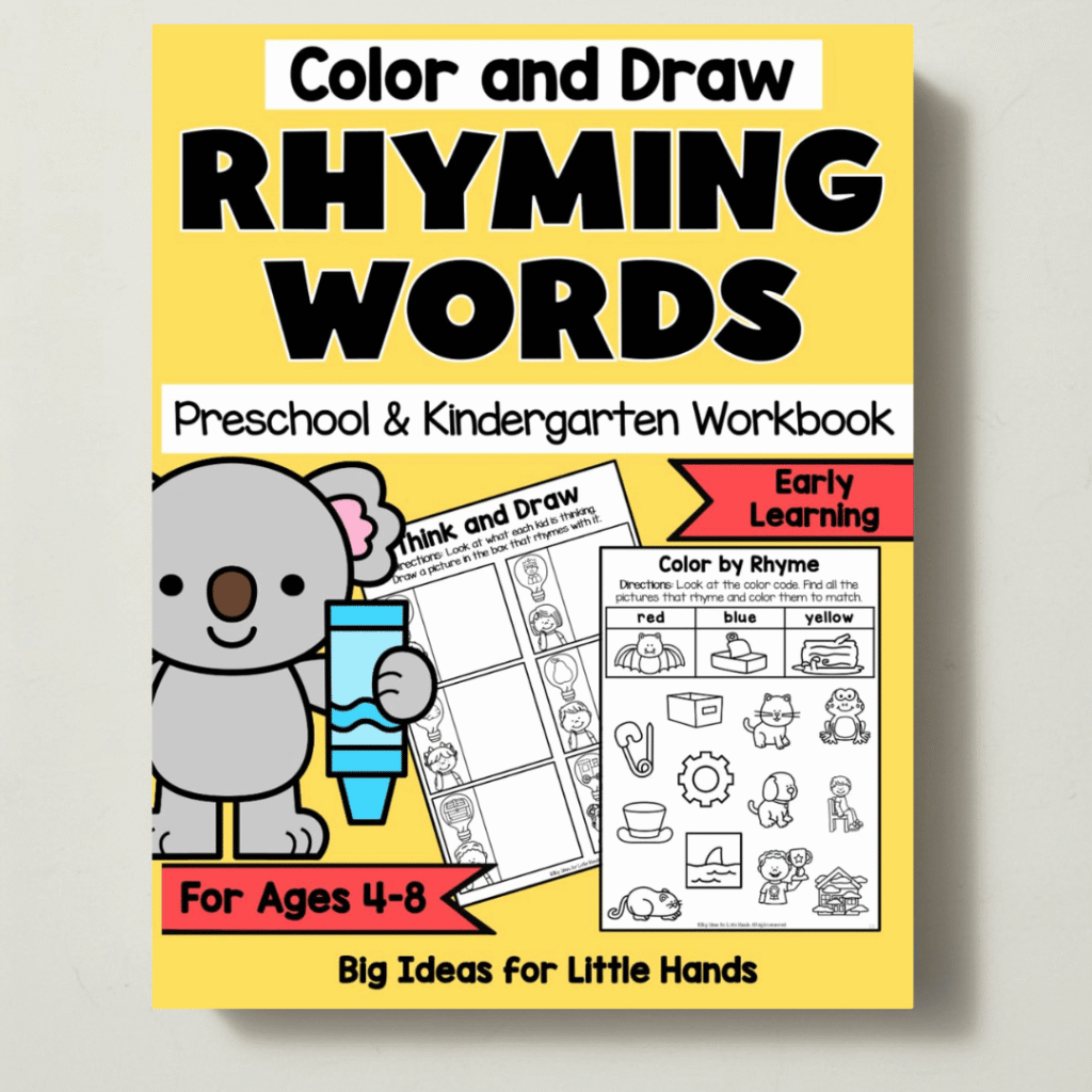 This image highlights the Color and Draw workbook that can be used to practice rhyming words.