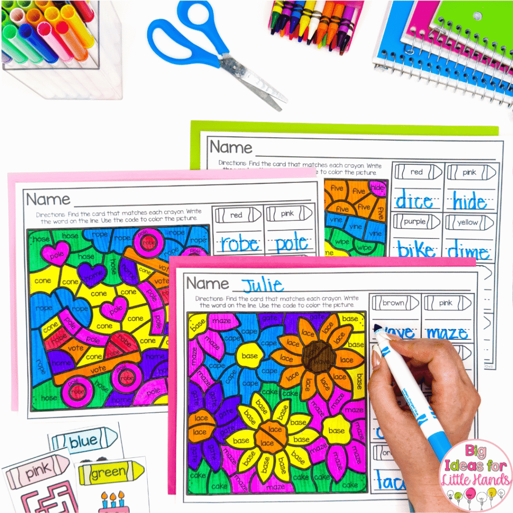 Use this CVCe Color by Code Write the Room activity in your classroom by handing the cards and then letting student find the card, read the words, and record it on the sheet.