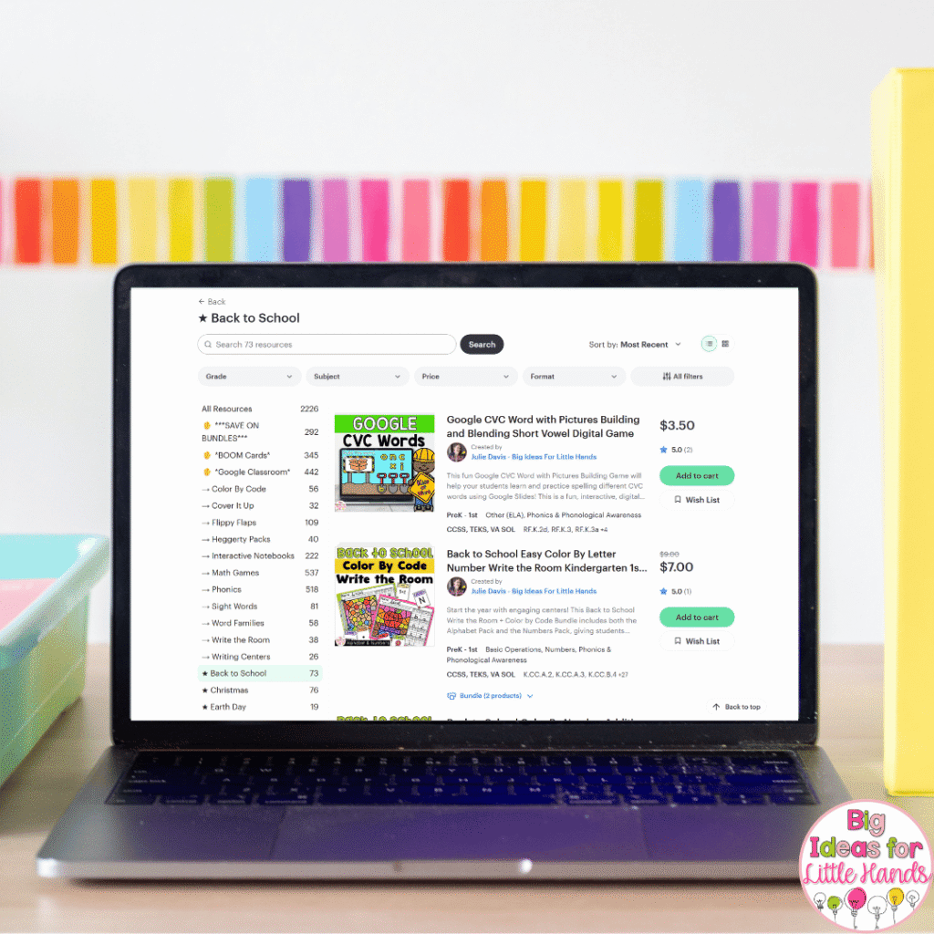You'll find all of the alphabet activities, beginning sounds resources, writing centers, number recognition activities, and many more Back to School favorites in my Teachers Pay Teachers store.