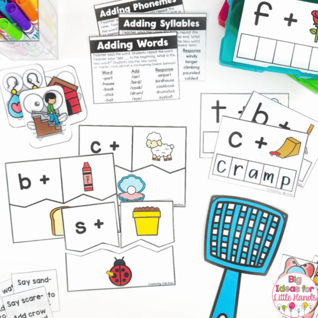A daily routine with these games can include a Heggerty whole group lesson followed by these phonemic awareness games in small groups and centers.