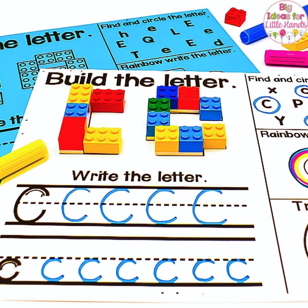 Students can build letters with bricks to boost recognition.