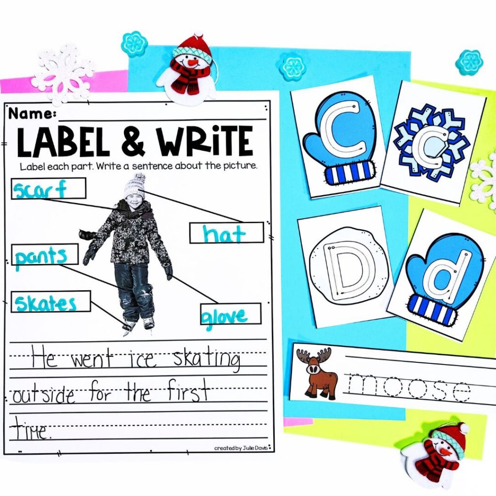 Using these January writing  centers, students can label, make lists, trace and more.